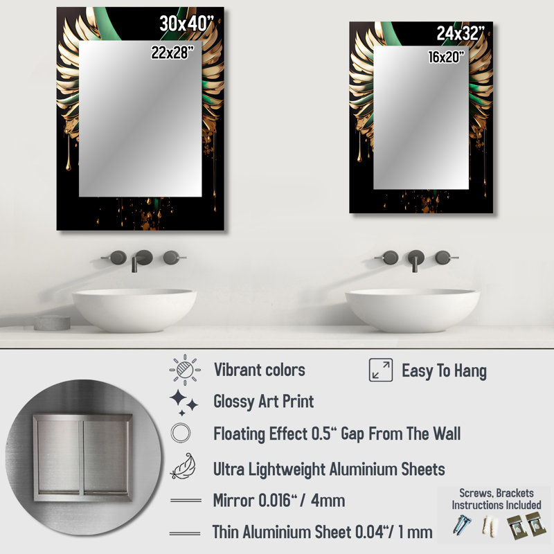 Green And Gold Angel Wings II - Wings Angel Mirror, Gold Unique Wall Mirror, Printed Metal Art, 32" x 24"