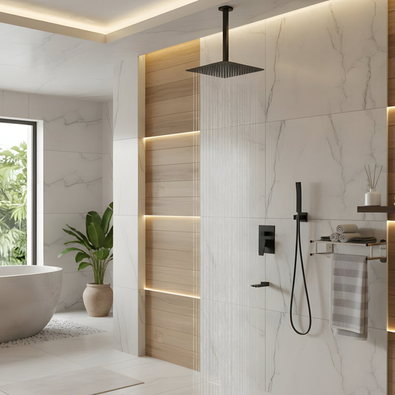 12 Inch Ceiling Mount Square Shower System  with Waterfall Tub Spout and Hand Shower, Oil-Rubbed Bronze