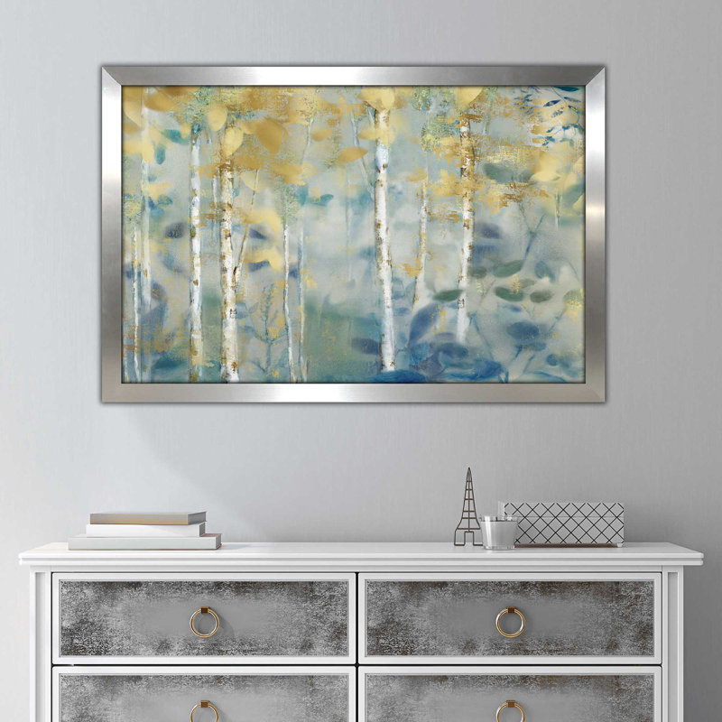 «Gilded Forest II», reproduction de peinture acrylique, H 33,5 po x l 49,5 po x P 1 po, Encadrement argenté