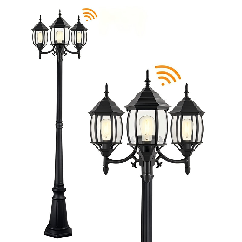 3-Light 85.43"in Matte Black Outdoor Post Light with Dusk to Dawn
