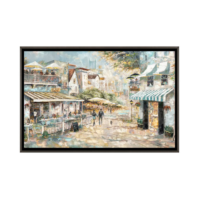 «Rooftop Café» par Ruane Manning - reproduction d'art, Aucun mat, Toile avec cadre gris, H 32 po x l 48 po x P 1,5 po