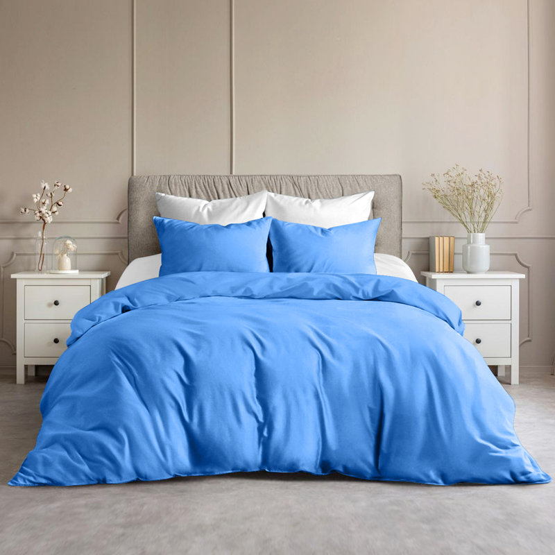 Plain Microfibre Reversible Contemporary Luxury Quilt Duvet Cover with Pillow Cases, Light Blue