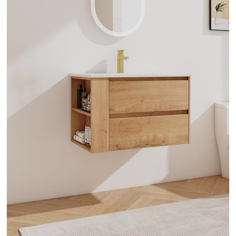 30" Wall Mounting Bathroom Vanity With Ceramic Sink, 2-Soft Close Drawer
