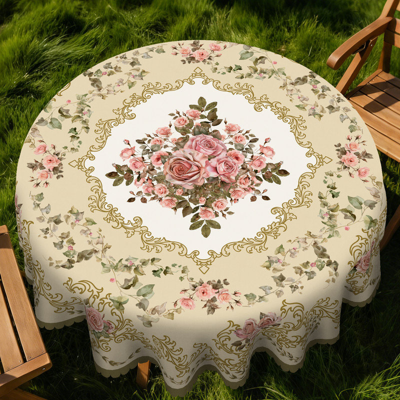 Champagne-colored washable polyester tablecloth with pink rose pattern
