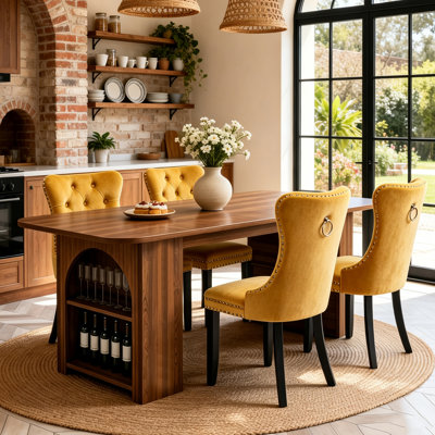 70.8“ Long Dining Table Set, Rectangular MDF Farmhouse Table with 2 Drawers & Open Storage, Modern Rustic Kitchen Table with Tufted Upholstered Chairs