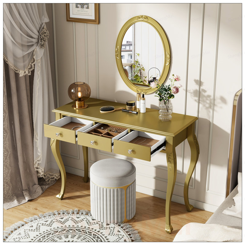 Luxury Makeup Vanity Desk with Oval Mirror, 3-Drawer Dressing Table for Jewelry Storage, Elegant Console Table for Entryway, Living Room, Bedroom, Stylish Home Decor, Gold