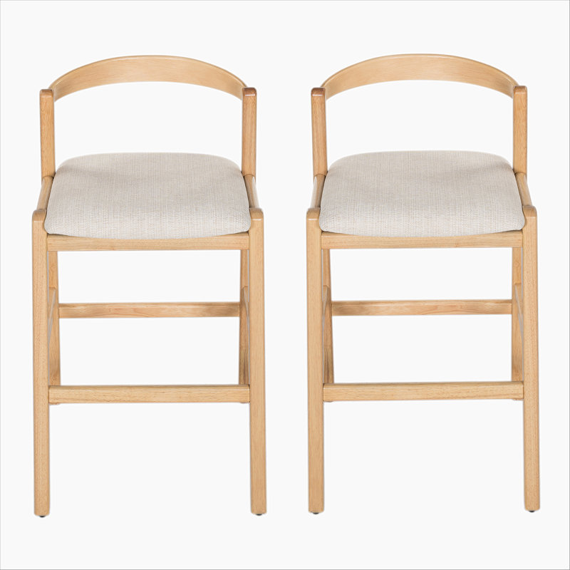 Tabouret de bar d'intérieur en bois d'hévéa, finition naturelle et revêtement beige, ensemble de 2, Naturel