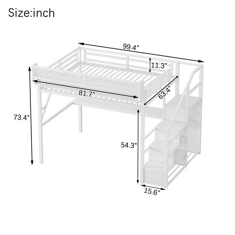 Grand lit mezzanine avec bureau, station de charge et escalier, lit en métal avec lumière pour enfants et adolescents, blanc