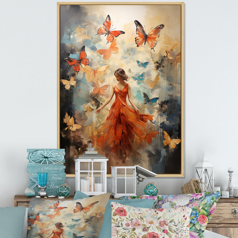 «Butterfly and Woman Dance» - Art mural sur toile, H 32 po x l 16 po x P 1 po, Cadre flottant érable