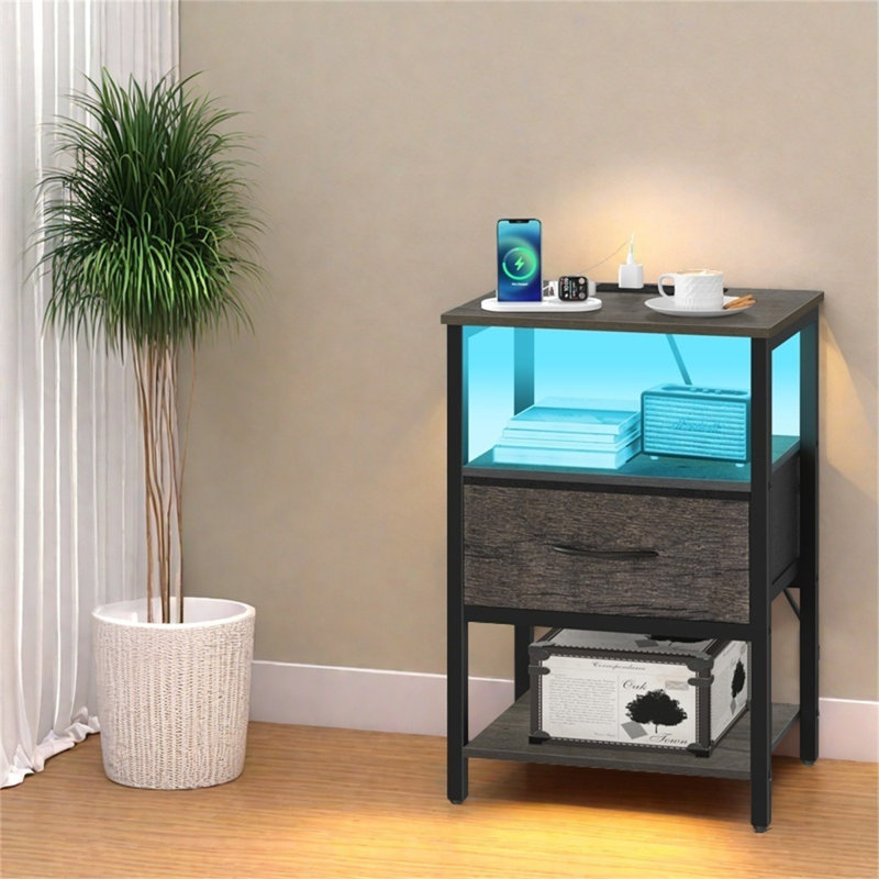 Modern LED Nightstand With Charging Station & Adjustable Fabric Drawer, Gray