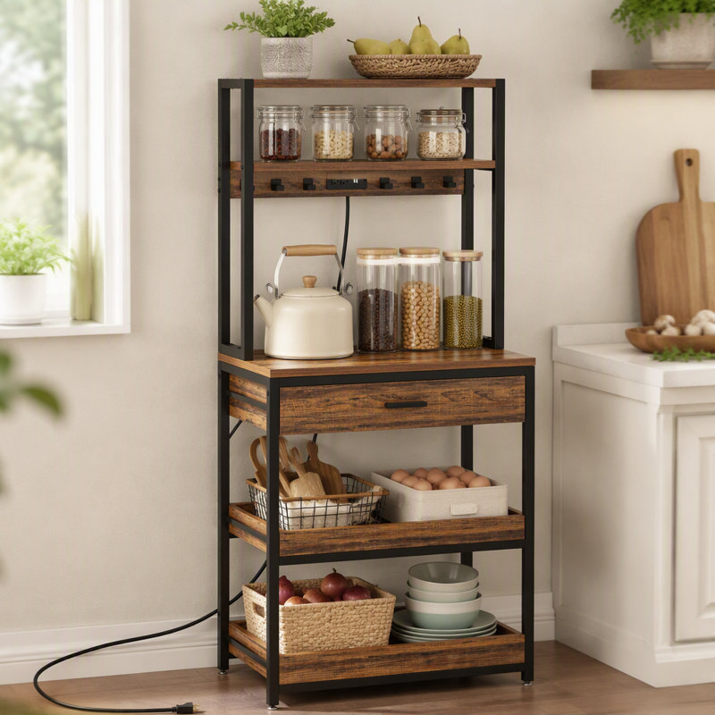 Étagère de boulanger de cuisine à 5 niveaux avec prises de courant, tiroir et tablettes coulissantes, Rustic Brown