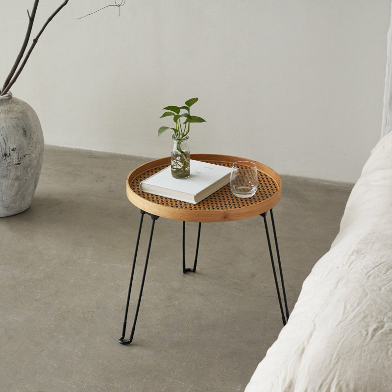 Round Wood And Rattan Side Table, Foldable Table With Metal Tripod, Rattan Round Tray Top, Boho Style, Chic Coffee Table, Side Table (Height 17.7", Grid Knit Pattern)