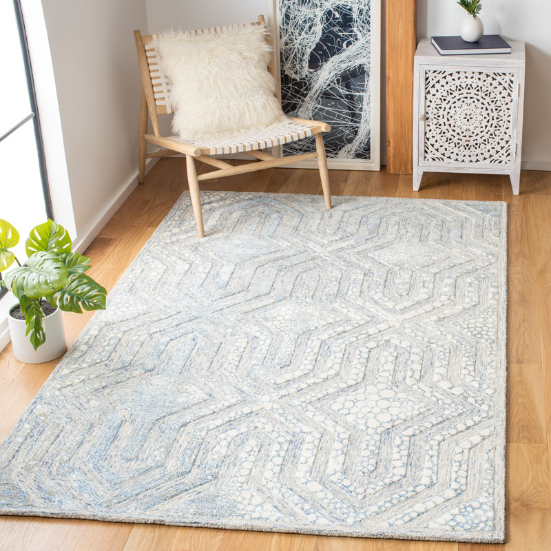 Restoration Vintage Hand Tufted Wool/Viscose Pile Geometric Rug in Blue/White, Rectangle 8' x 10'