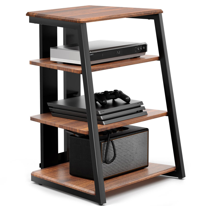 4-Tier AV Media Stand Corner Shelf For Record Player Wooden Stereo Cabinet Audio Rack Tower With Height Adjustable Wooden Shelves(Walnut)
