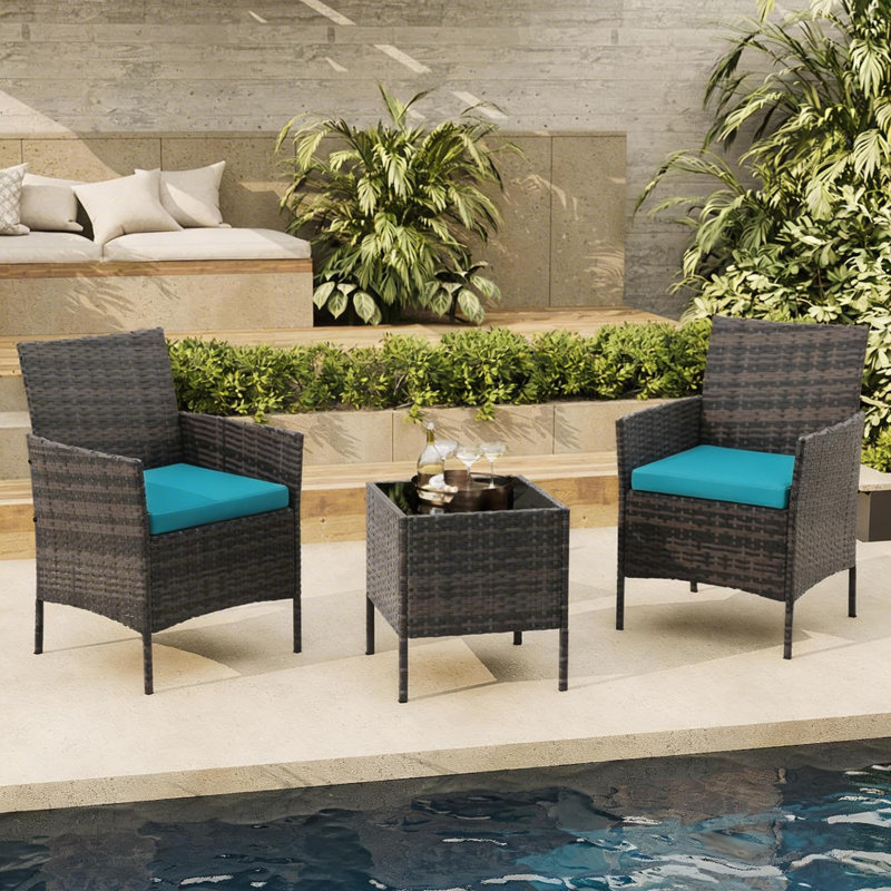 3-Piece Outdoor Patio Bistro Set with 2 Rattan Chairs and Glass Coffee Table, Wicker Conversation Set for Porch, Backyard, Garden
