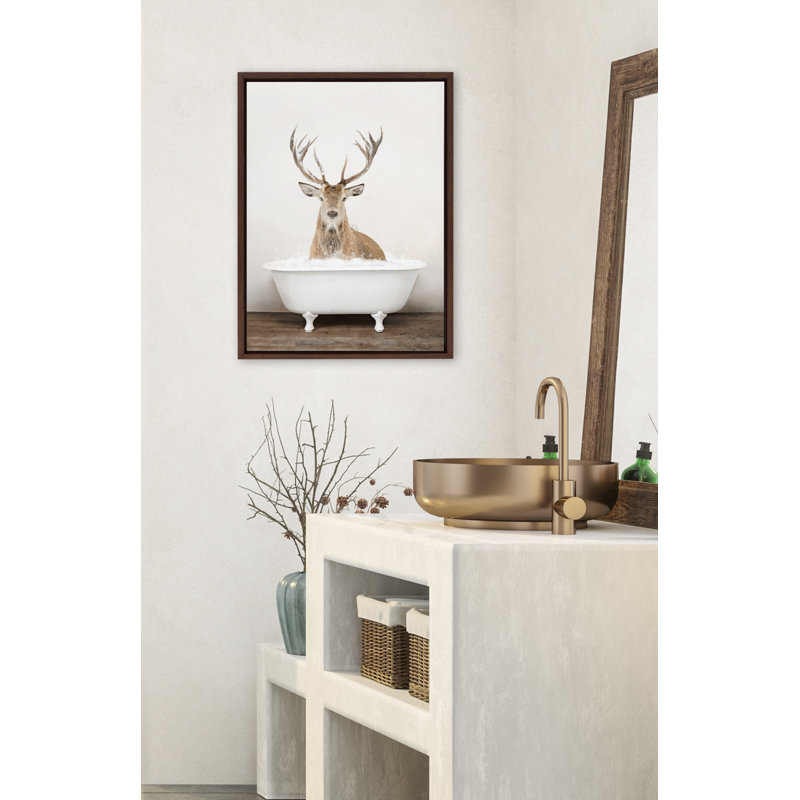 Reproduction d'art sur toile encadrée mâle "Deer in Rustic Bath" par Amy Peterson, Encadrement brun