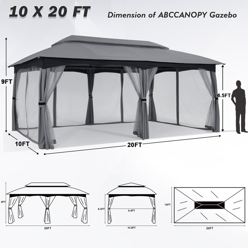 L 20 pi. X 10 pi. D Pavillon de jardin en acier, Gris foncé