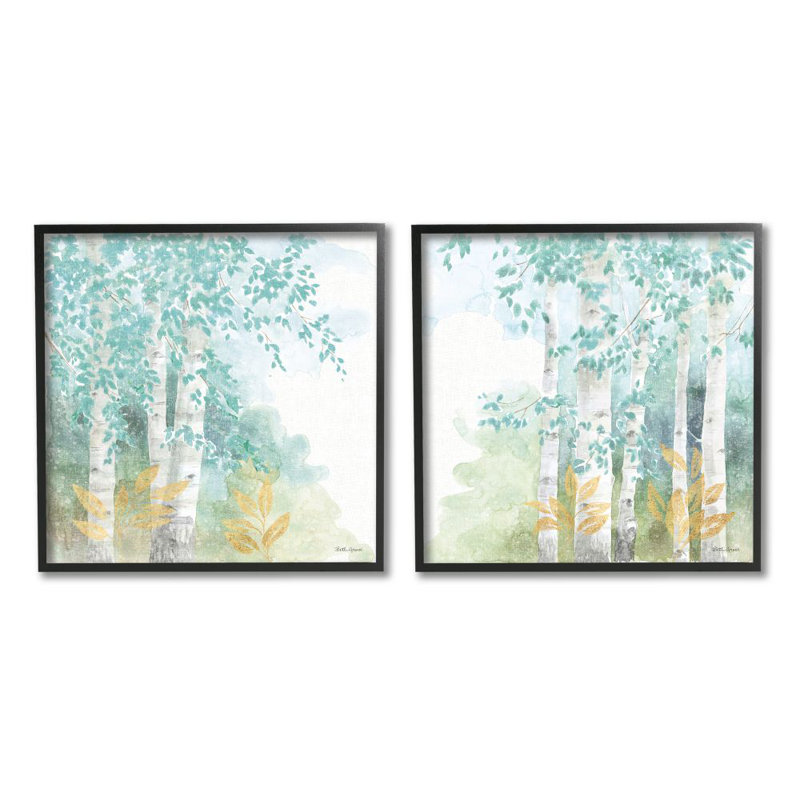 «Birch Tree Forest Tranquil Green Gold Watercolor» par Beth Grove - ensemble de 2 impressions d'art graphique