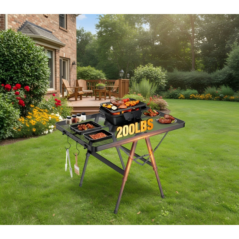 3FT Height Adjustable Folding Grill Table, Mesh Top 200LBS Capacity Metal Table For BBQ Beach RV