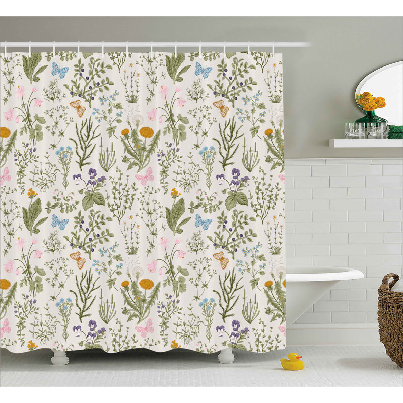 Green Botanical Floral Fabric Shower Curtain with Hooks