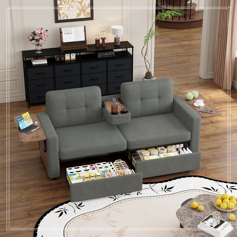 Canapé deux places en tissu chenille avec tiroirs coulissants, tables d'appoint et porte-gobelet, Gris