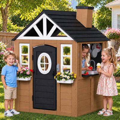 Wooden Kids Playhouse Outdoor with Kitchen Set, Doorbell & Phone, Built-in Clock, Flower Pots & Chalkboards, Backyard Imaginative Play Cottage