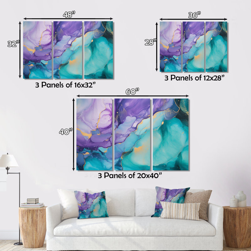 Turquoise et mauve liquide Art III - 3 pièces sur toile tendue, H 28 po x l 36 po x P 1 po