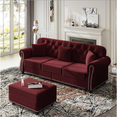 Canapé Chesterfield 82,6 po rembourré en velours avec garniture cloutée et accoudoirs roulés, canapé de style Mid-Century moderne capitonné avec boutons