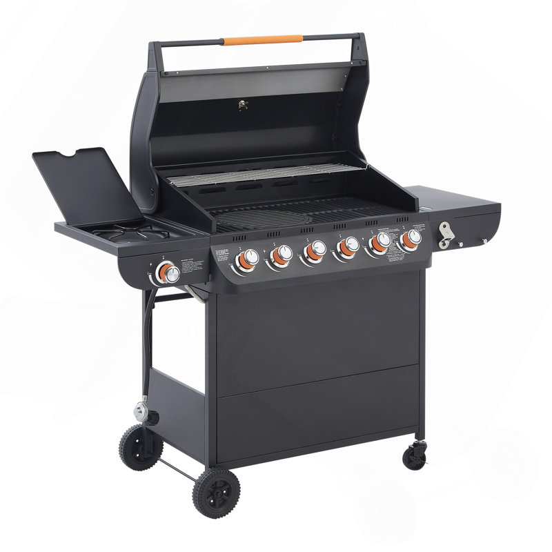 Barbecue à gaz propane 6 brûleurs de 55 pouces avec brûleur latéral de 12 000 BTU, grilles de cuisson en fonte, tablette latérale et roulettes verrouillables pour terrasse et jardin.