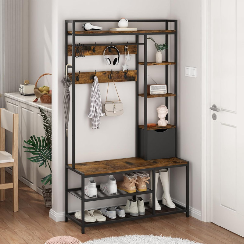 Hall Tree with Bench and Shoe Storage, Rustic Brown