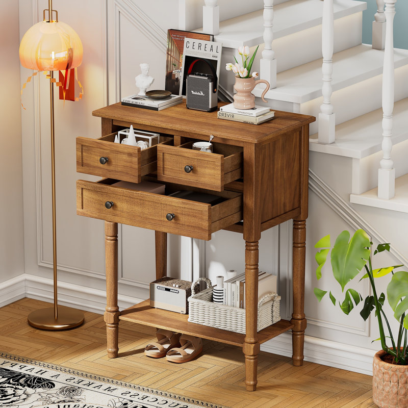 Narrow Console Table, Slim Sofa Table With Three Storage Drawers And Bottom Shelf, Natural