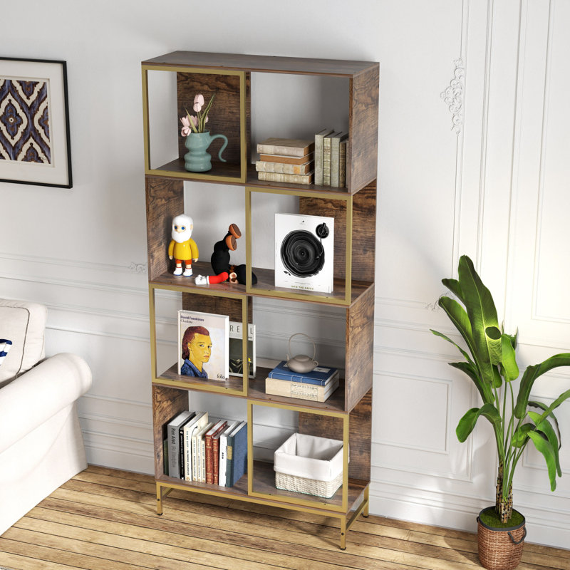 Bibliothèque industrielle à 4 niveaux, structure en bois rustique et en métal, conception de tablettes asymétriques, tablette de rangement pour le salon, le bureau personnel et les petits espaces