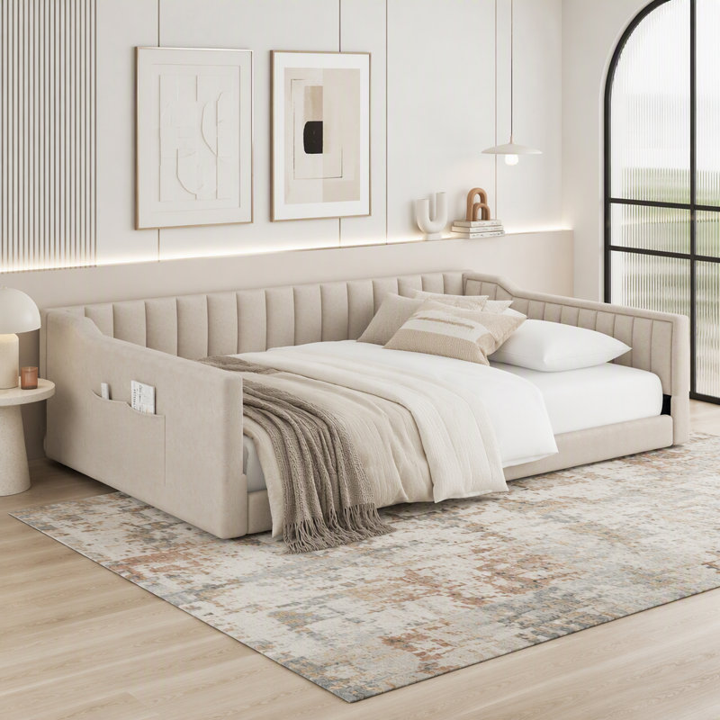 Lit double recouvert de velours, beige, Lit double, Beige
