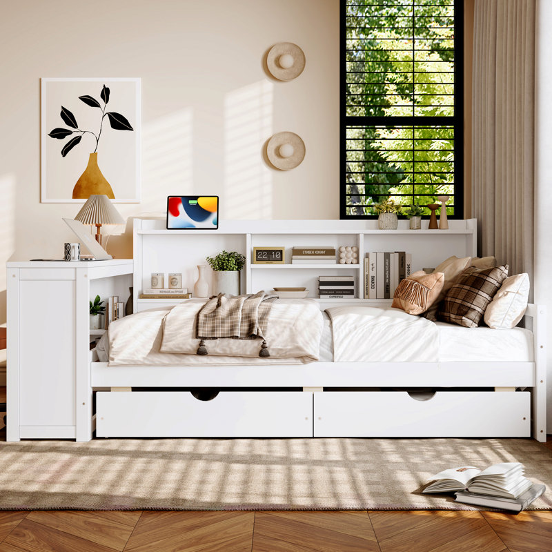 Lit de jour simple d'angle avec tiroirs de rangement et bureau et port de charge et bibliothèque de couleur blanche, White