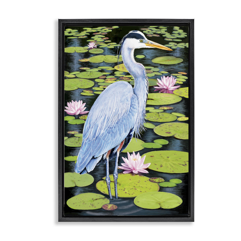 Cadre flottant Heron parmi les lys de l'étang, design par Rosiland Solomon, Cadre flottant noir de jais, H 25 po x l 17 po