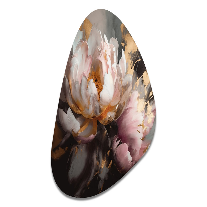 Marbre rose doré pivoine fleur V - décoration murale abstraite asymétrique en métal, sculpture murale en métal de forme unique