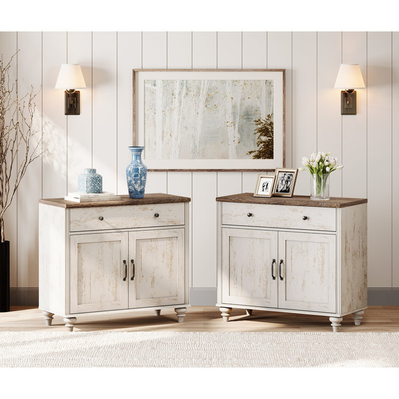 Farmhouse Nightstand With 4 Wood Doors, 2 Drawers Mid Century Modern Wooden Closet Storage Organizer, For Bedroom Or Living Room