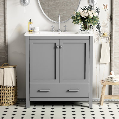 Commode de salle de bain grise de 30 po. Meuble-lavabo simple avec fermeture en douceur. 2 portes et 1 tiroir de rangement. Bois massif fabriqué en gris, construction, lavabo, espace pratique