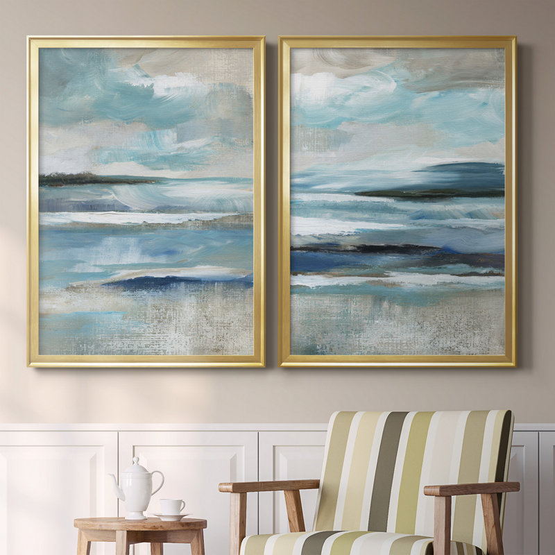 «Distant Drama I», ensemble de 2 peintures sur toiles, H 18,5 po x l 49 po, Toile encadrée, Doré