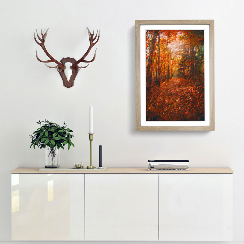 Autumn Forest Pathway In Abstract - Single Picture Frame Painting, Oak Framed, 63cm H x 45cm W x 2cm D