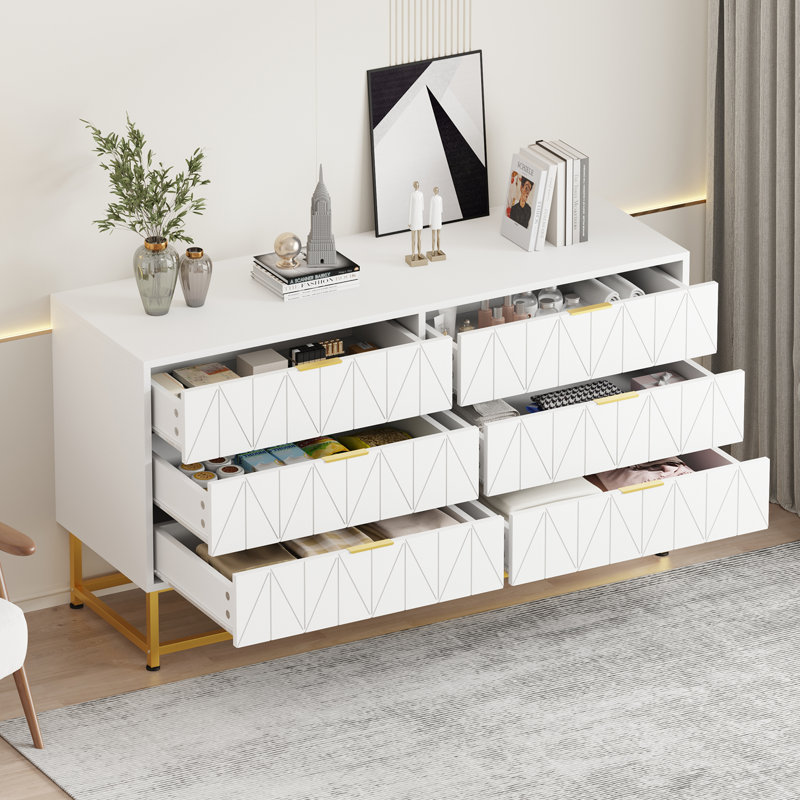 6 Drawer Dresser With Gold Metal Handles ,modern Large Dresser Storage Cabine, White