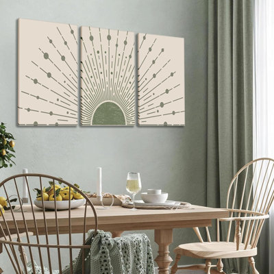 3 pièces Sun Boho, art mural toile, vert sauge, décoration murale, affiches de lever de soleil modernes, motifs géométriques abstraits modernes, peinture de style Mid-Century pour le salon, la chambre à coucher, la salle de bain et le bureau, encadrée