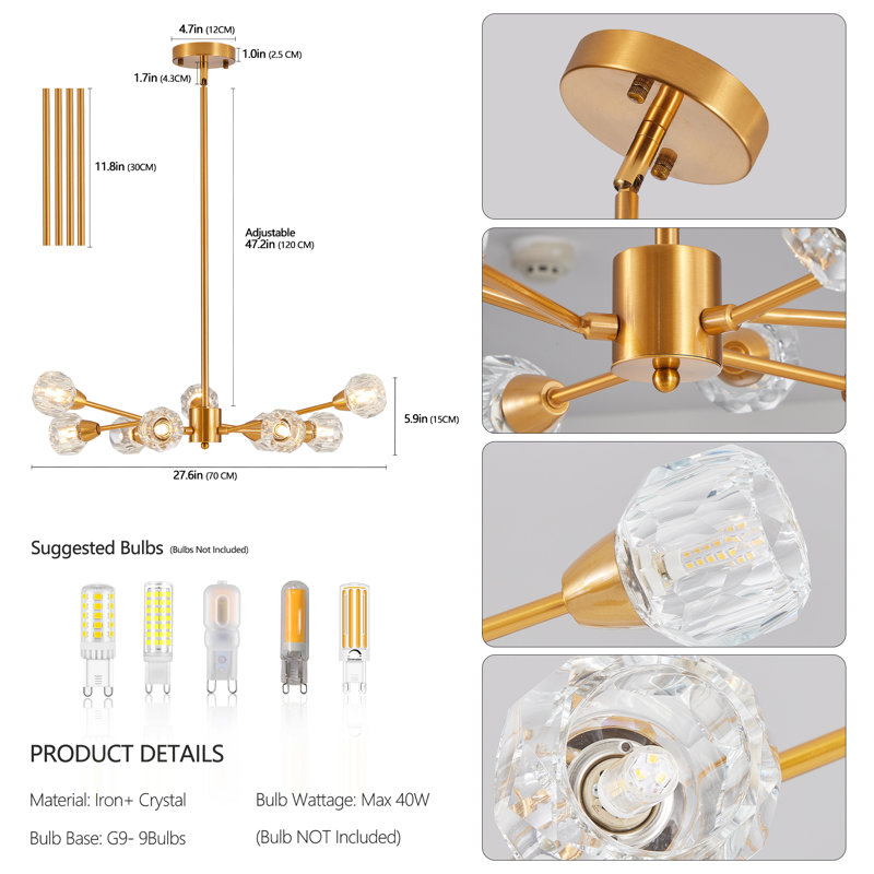 Lustre moderne en cristal avec 9 lumières, Doré
