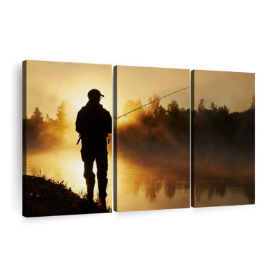 «Foggy Riverbank Fishing», 3 pièces sur toile