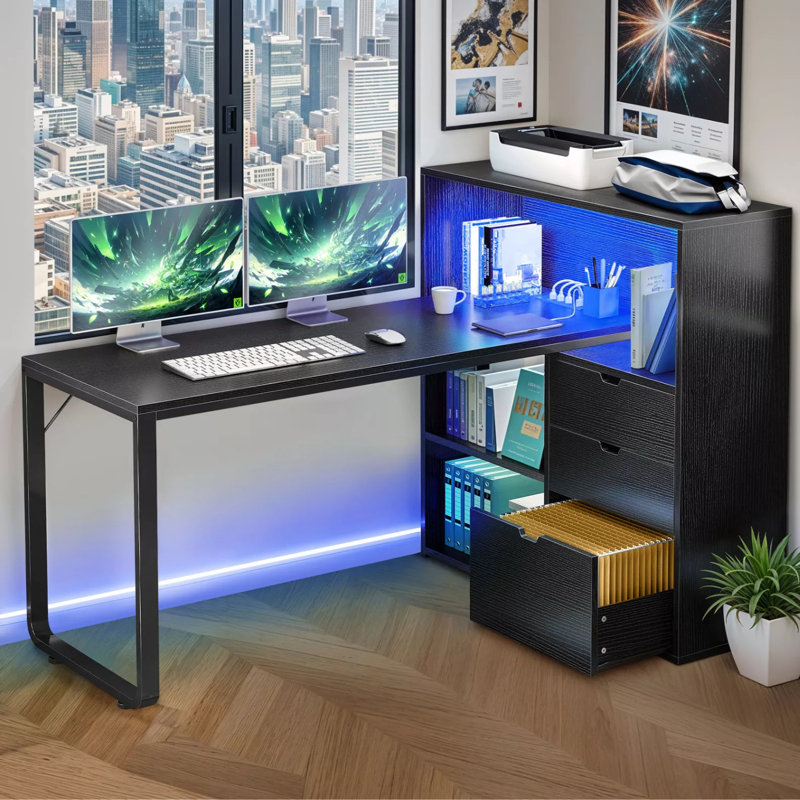 Broly 55'' L Shaped Desk With Power Outlets & LED Light, Black