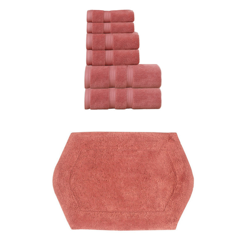 Ensemble de serviettes 6 pièces 100% coton doux et 1 tapis de bain 17 x 24 "Bryd Collection (ensemble de 7), Corail