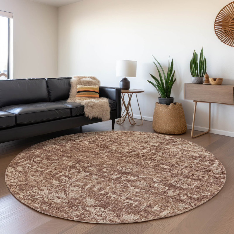 Premium Machine Washable Mayfield AMF40 Oriental Rug, Chocolate, 8' Round