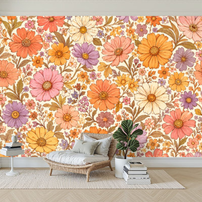 Papier peint adhésif autocollant coloré rétro des années 60 et 70 dessiné à la main à motif de fleurs oranges roses Papier auto-adhésif amovible de contact mural pour le salon Chambre à coucher H 100 po x l 144 po