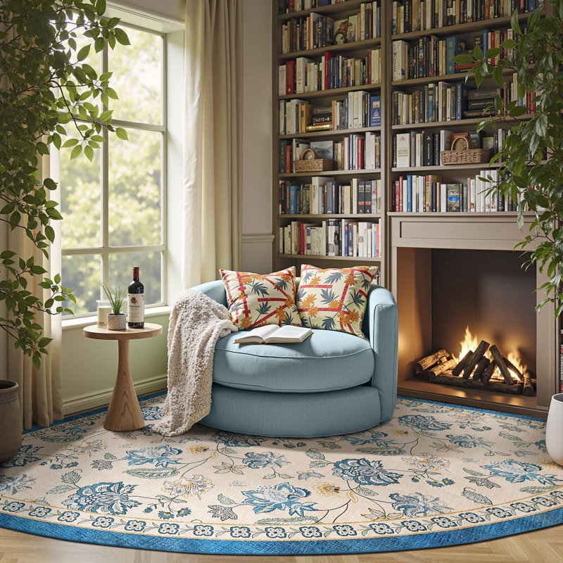 Chinoiserie Floral Rug Vintage Romance Design Washable Non-slip Blue/Beige, Slice/Wedge 8', Blue/Beige