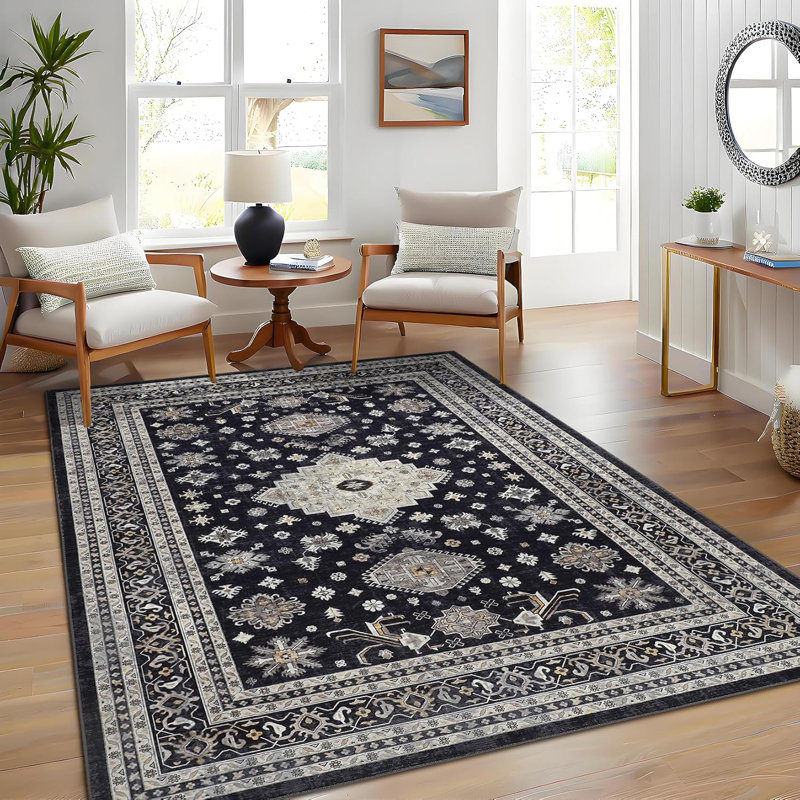 5x7 Washable Rug Vintage Floral Distressed Rug Non Slip Backing Low Pile Foldable Floor Cover Oriental Medallion Indoor Carpet Office Brown/ 5'× 7'